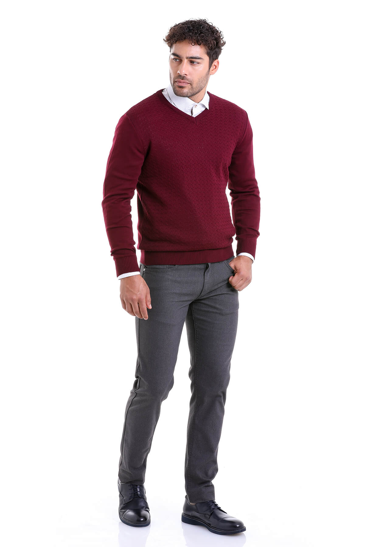 Regular Fit Burgundy V-Neck Sweater - SAYKI