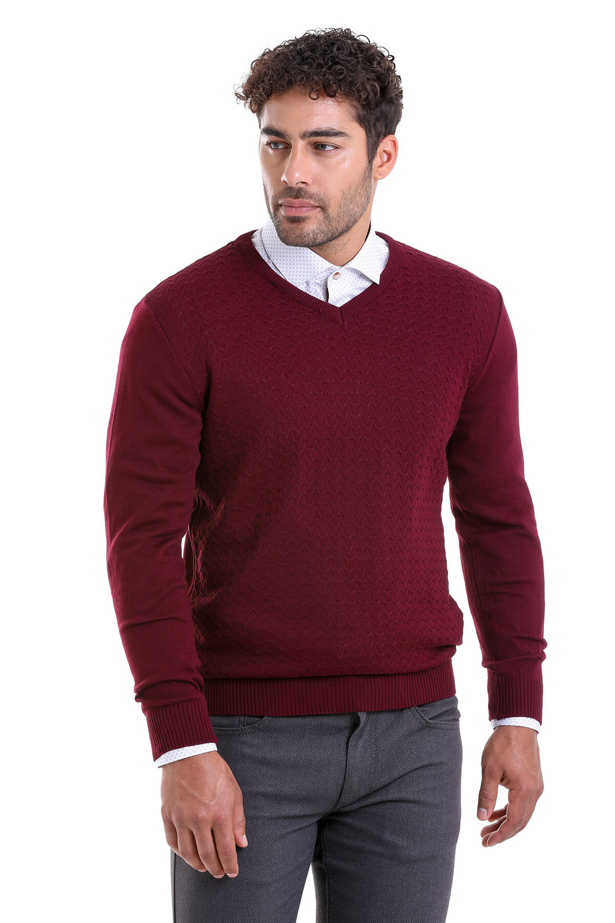 Regular Fit Burgundy V-Neck Sweater - SAYKI
