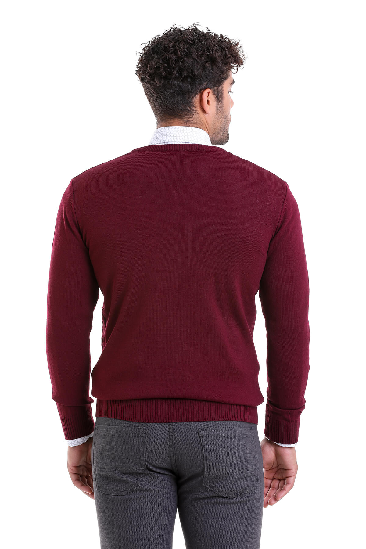 Regular Fit Burgundy V-Neck Sweater - SAYKI