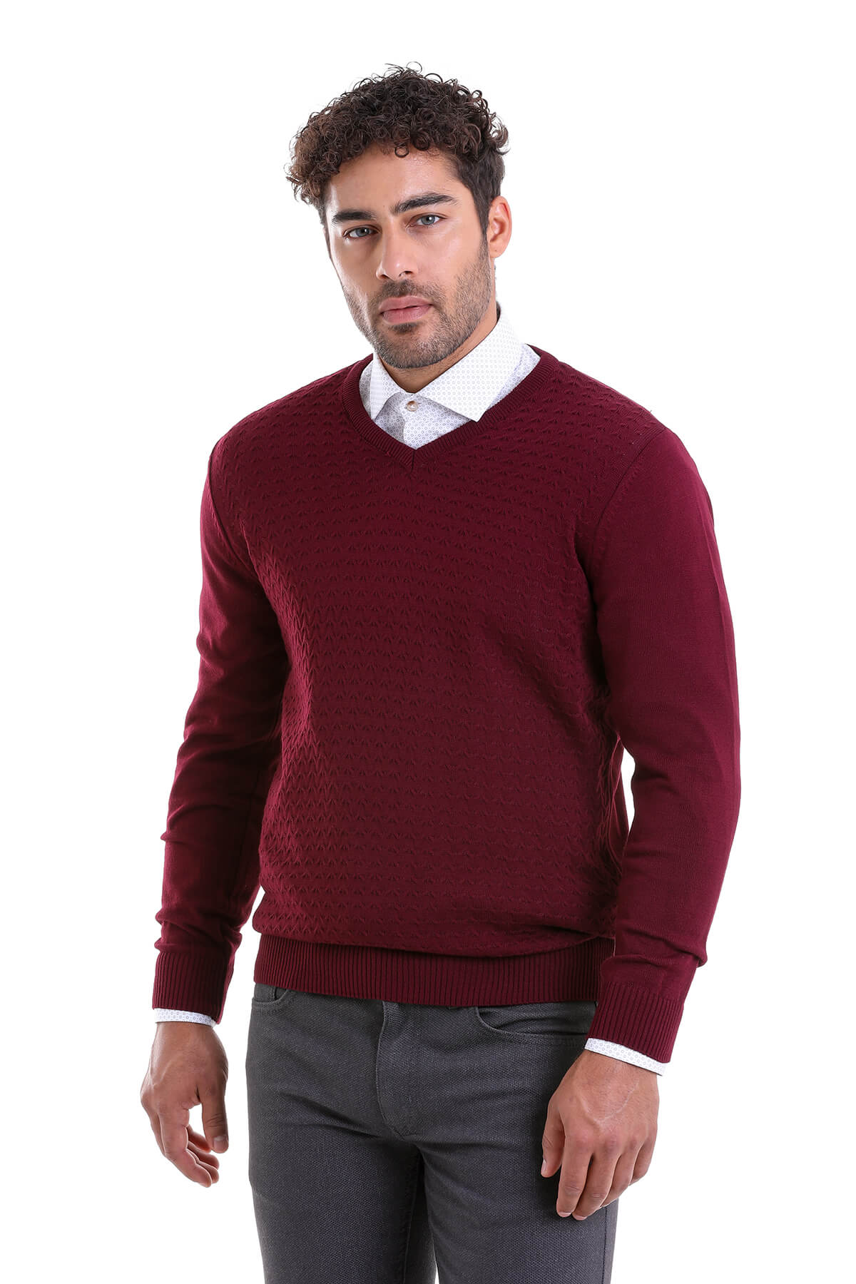 Regular Fit Burgundy V-Neck Sweater - SAYKI