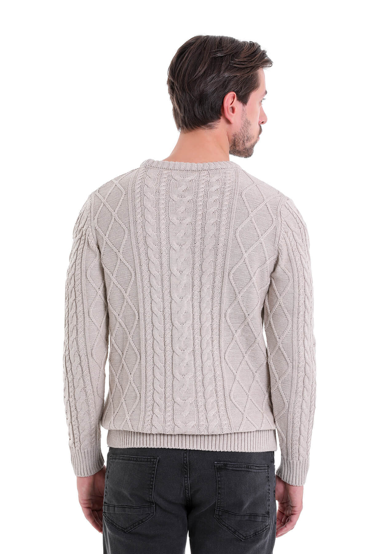 Regular Fit Cable Knit Cotton Blend Beige Crewneck Sweater
