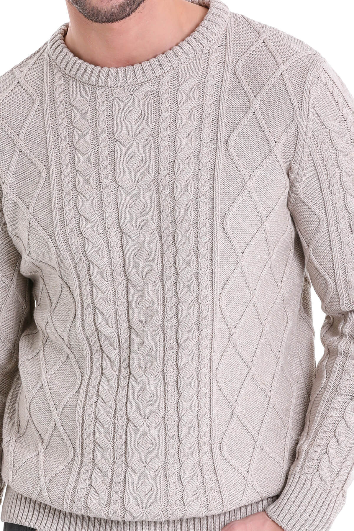 Regular Fit Cable Knit Cotton Blend Beige Crewneck Sweater