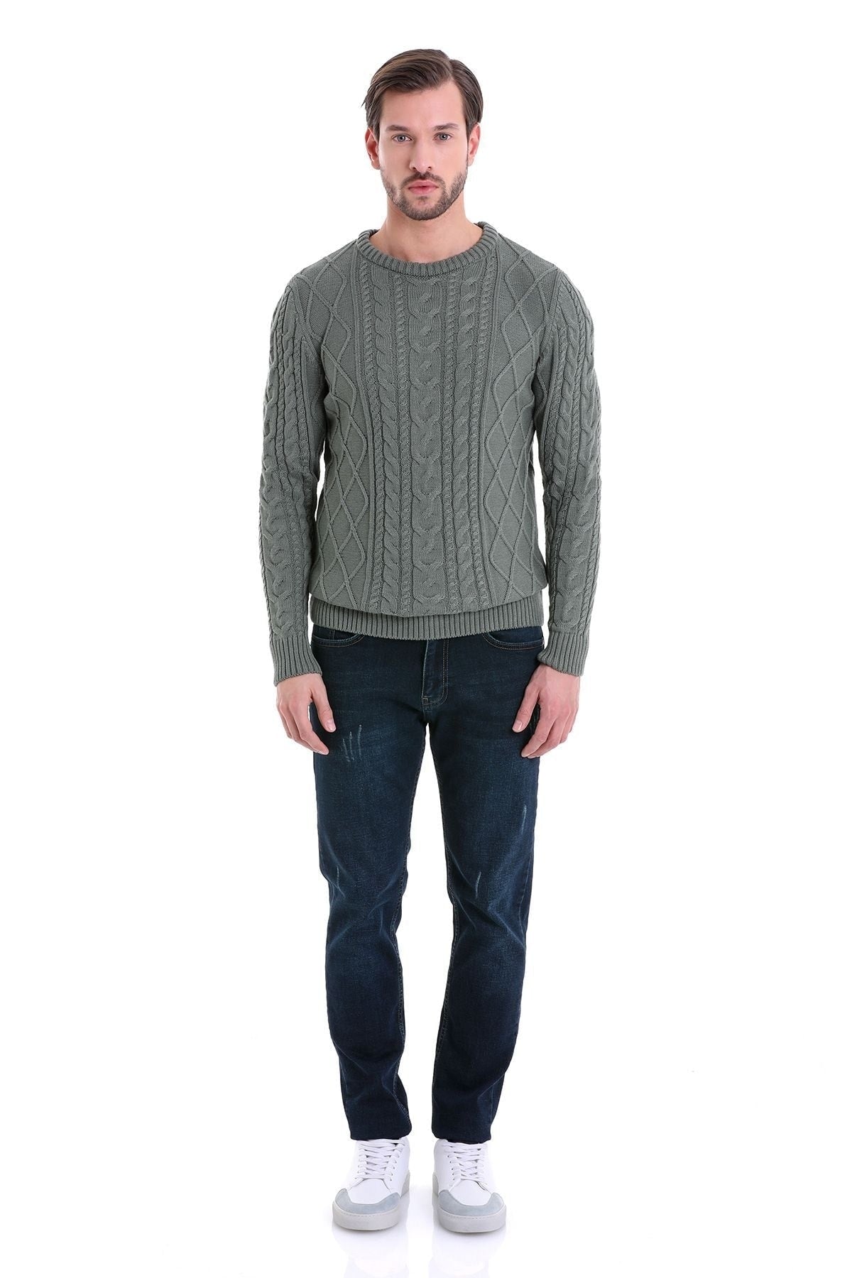 Regular Fit Cable Knit Cotton Blend Green Crewneck Sweater