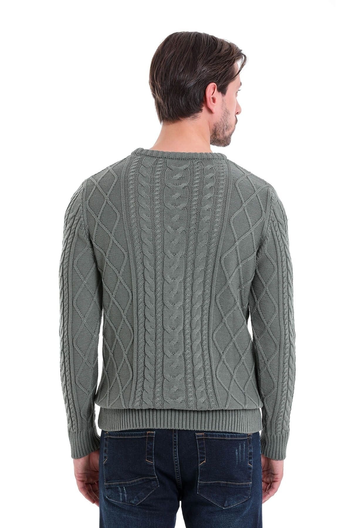Regular Fit Cable Knit Cotton Blend Green Crewneck Sweater