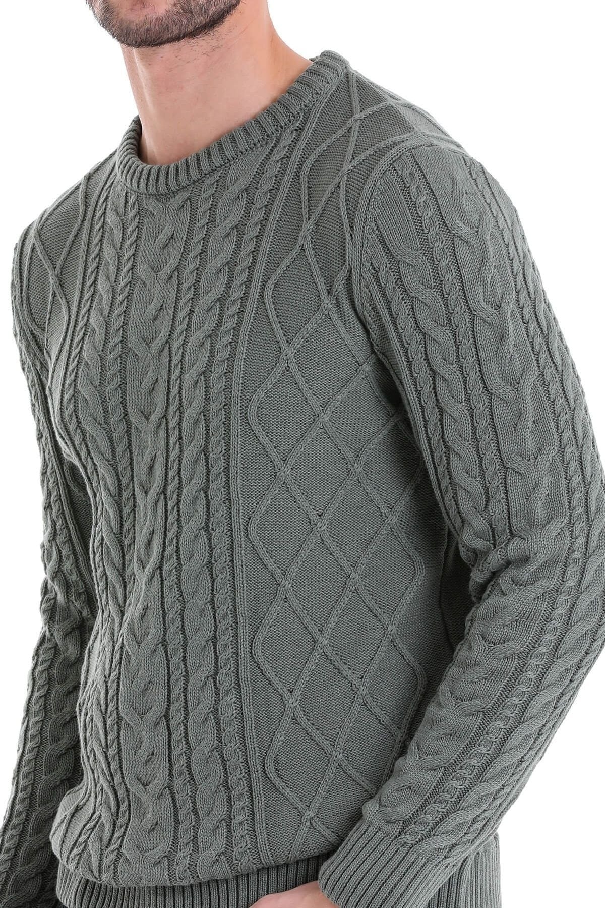Regular Fit Cable Knit Cotton Blend Green Crewneck Sweater