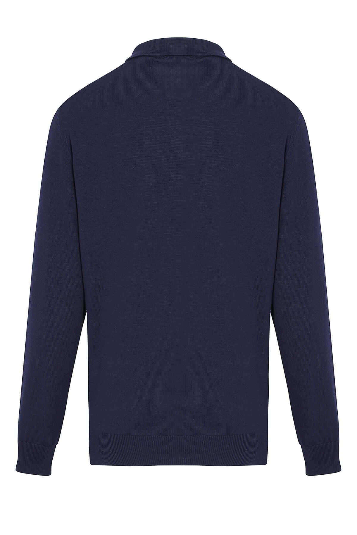 Navy blue long-sleeved knit polo shirt with ribbed cuffs and hem
