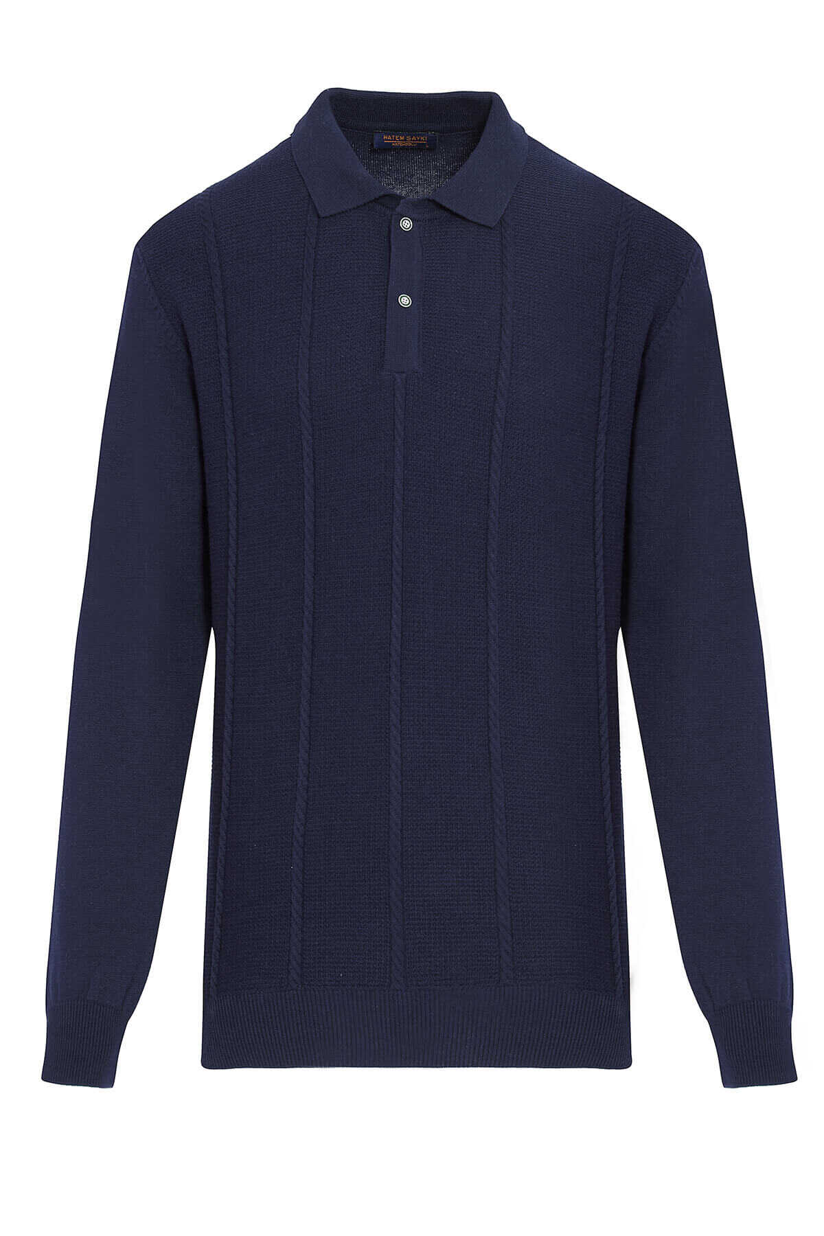 Navy blue knit polo shirt with vertical ribbed texture and buttoned placket.