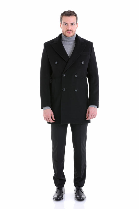 Black double-breasted wool overcoat with silver-toned buttons.
