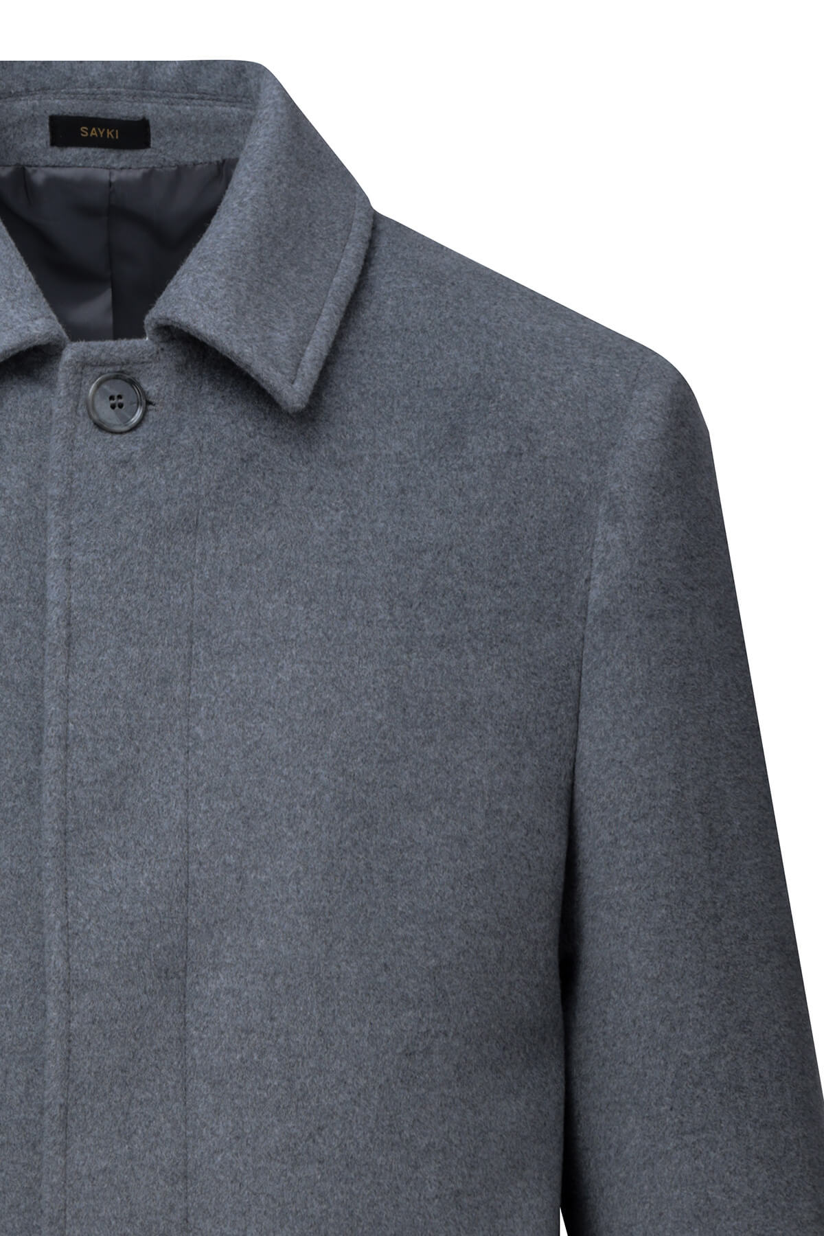 Gray woolen coat with a classic collar and a single button closure.
