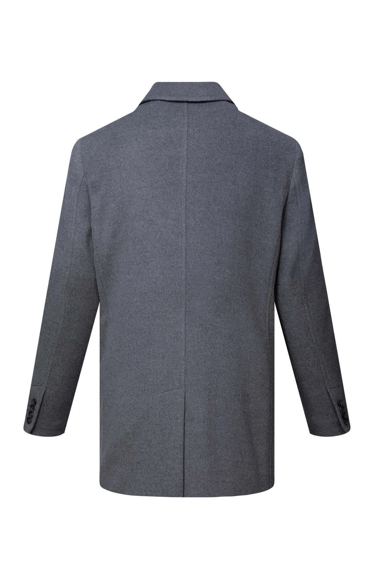 A sleek, dark gray wool blazer with a subtle textured weave and classic notched lapel.