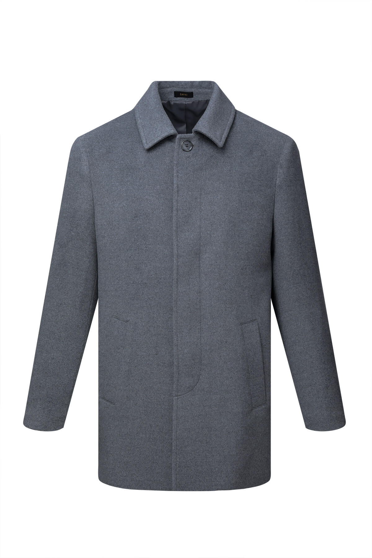 A sleek, charcoal-gray wool-blend coat with a subtle textured pattern and classic notched collar.