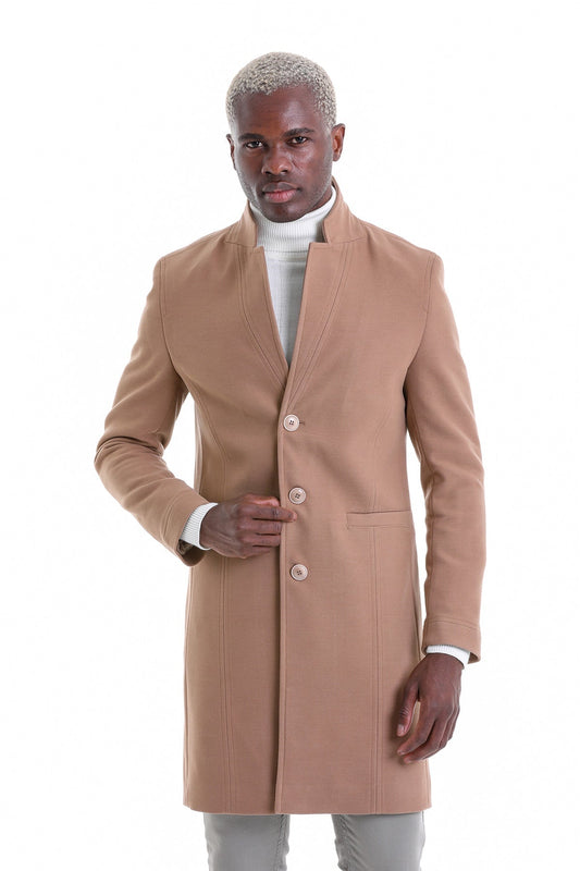 Regular Fit Cachet Notch Lapel Camel Overcoat - SAYKI