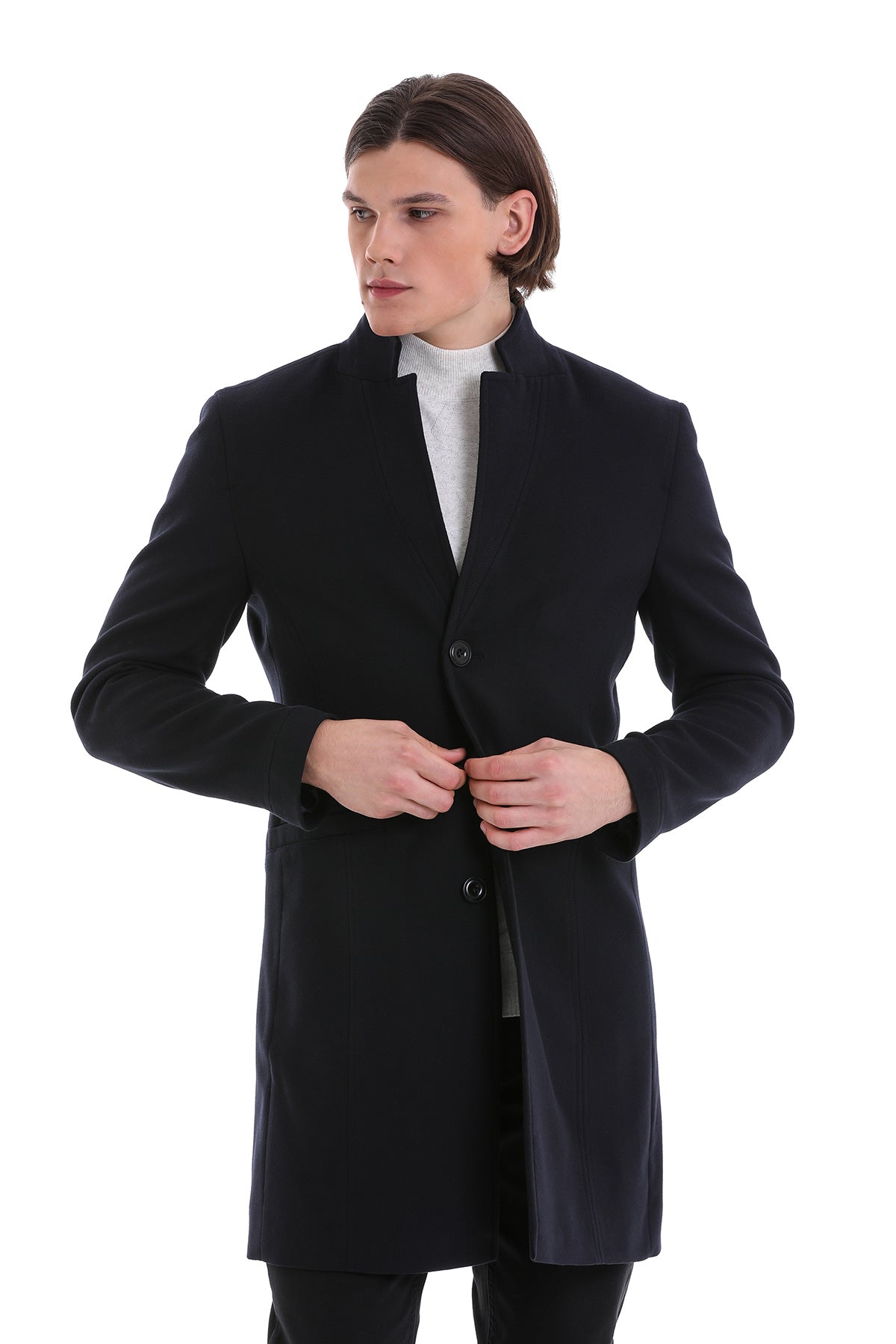 Regular Fit Cachet Notch Lapel Navy Overcoat - SAYKI