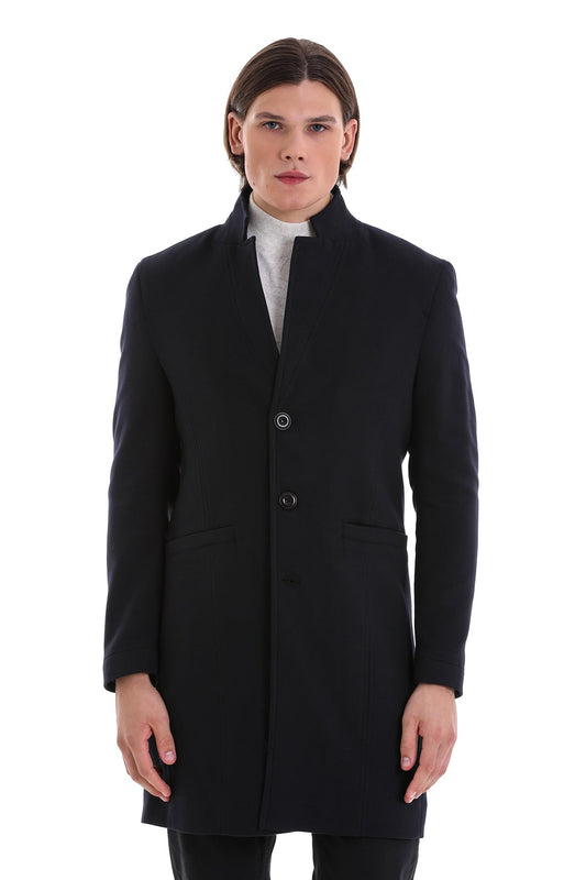 Regular Fit Cachet Notch Lapel Navy Overcoat - SAYKI