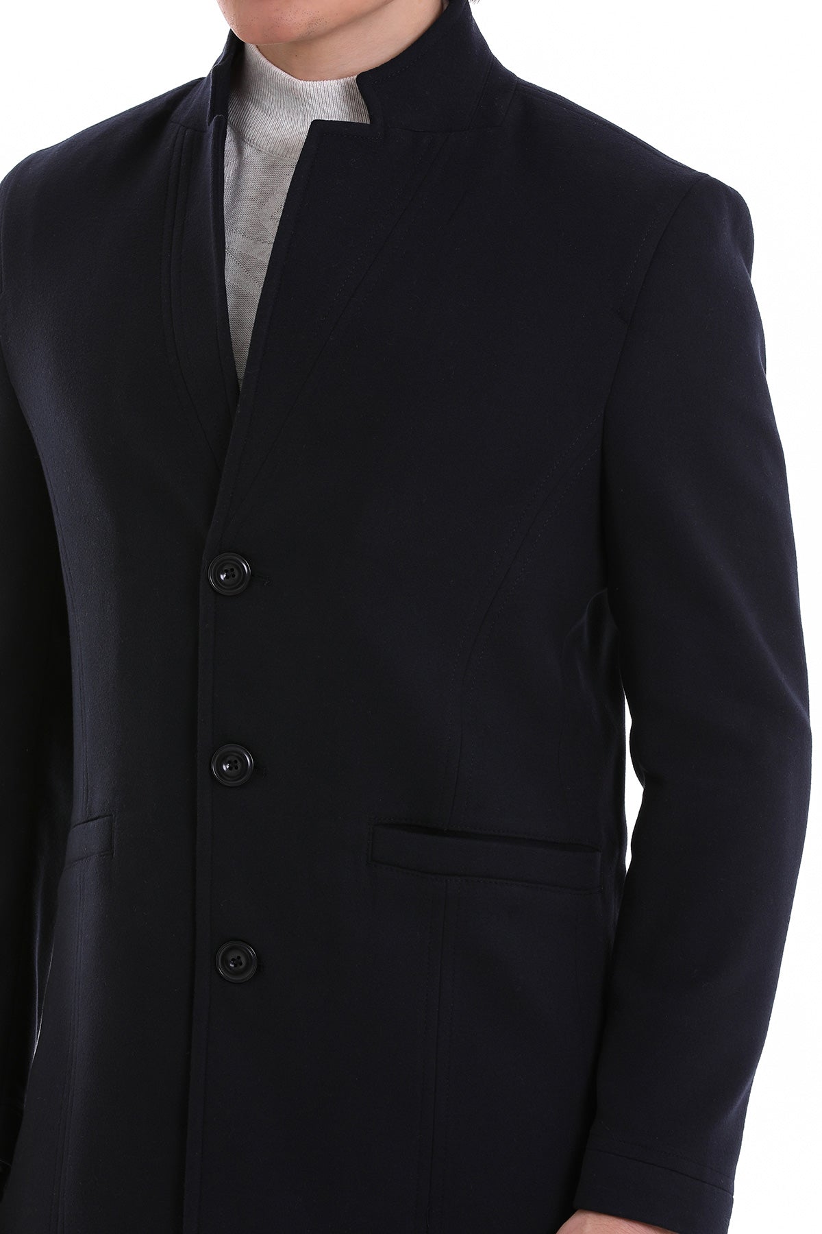 Regular Fit Cachet Notch Lapel Navy Overcoat - SAYKI