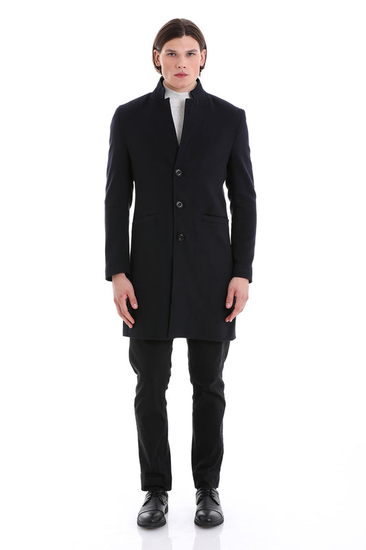 Regular Fit Cachet Notch Lapel Navy Overcoat - SAYKI