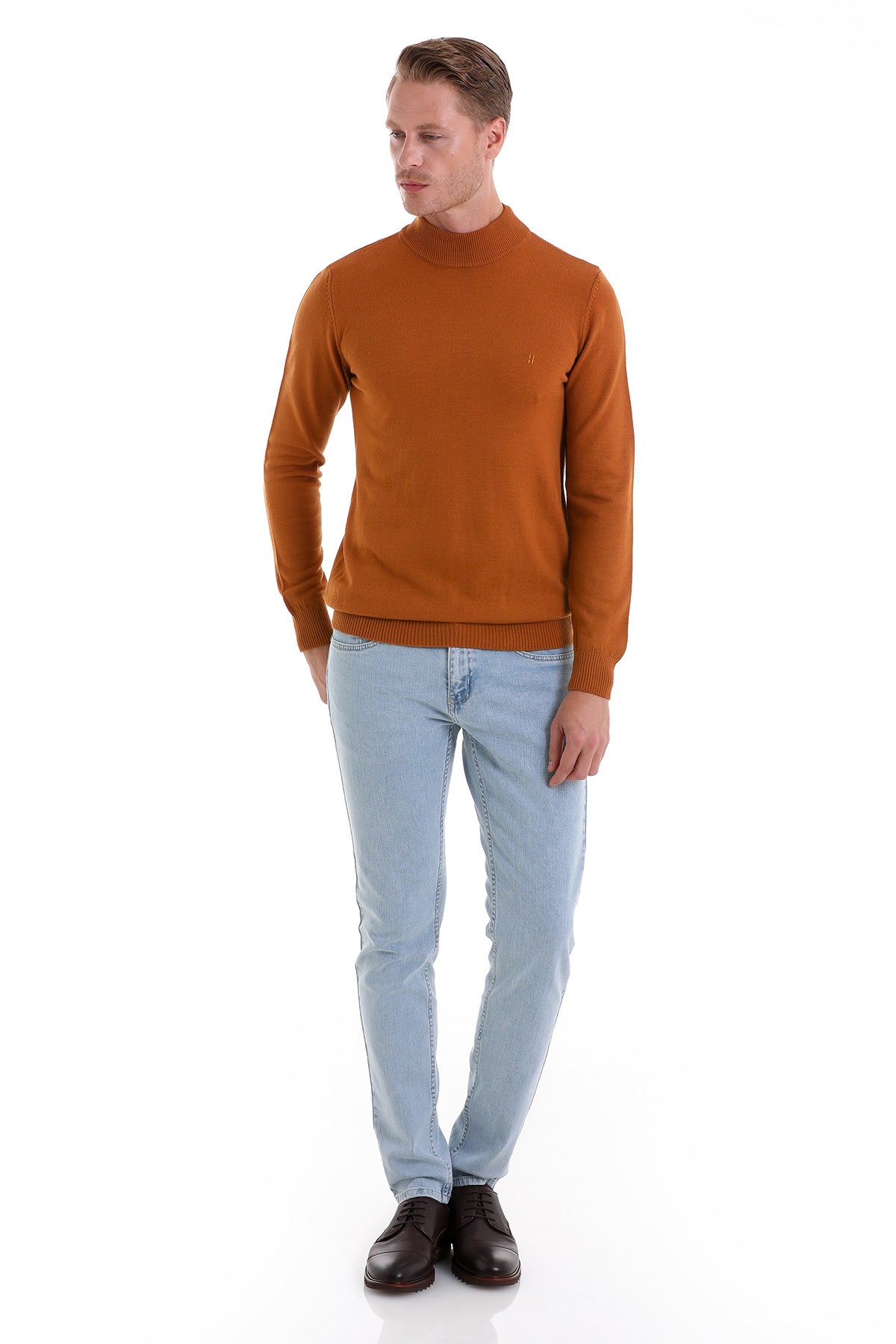 Regular Fit Camel Mock Neck Sweater - SAYKI