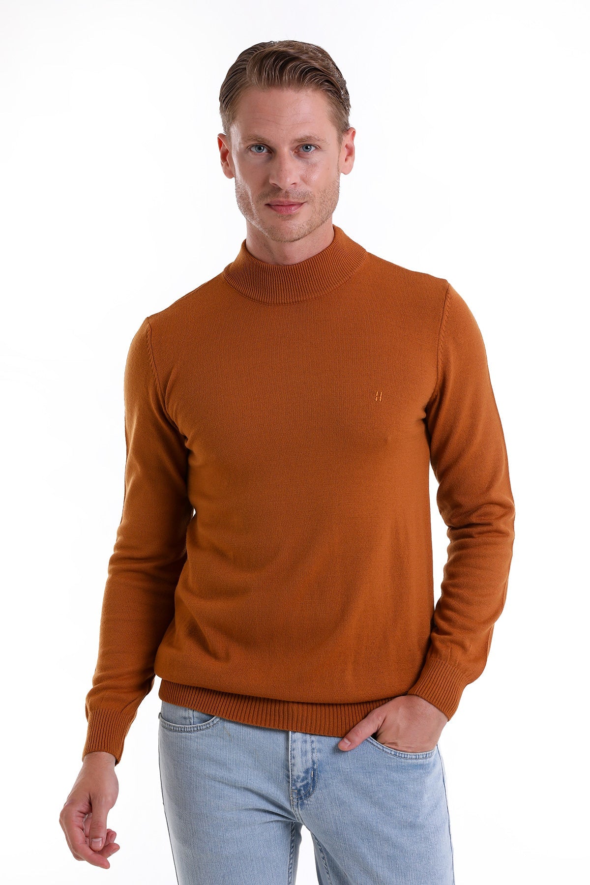 Regular Fit Camel Mock Neck Sweater - SAYKI - 8682819458672