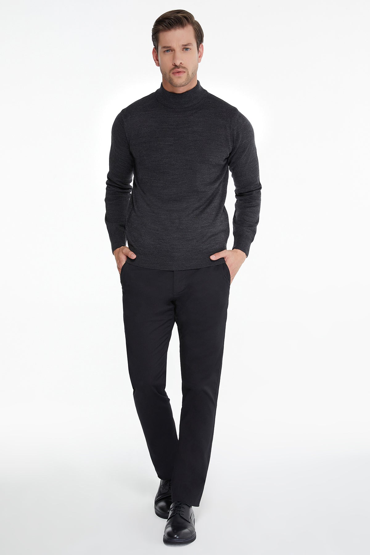 Regular Fit Charcoal Mock Neck Sweater - SAYKI