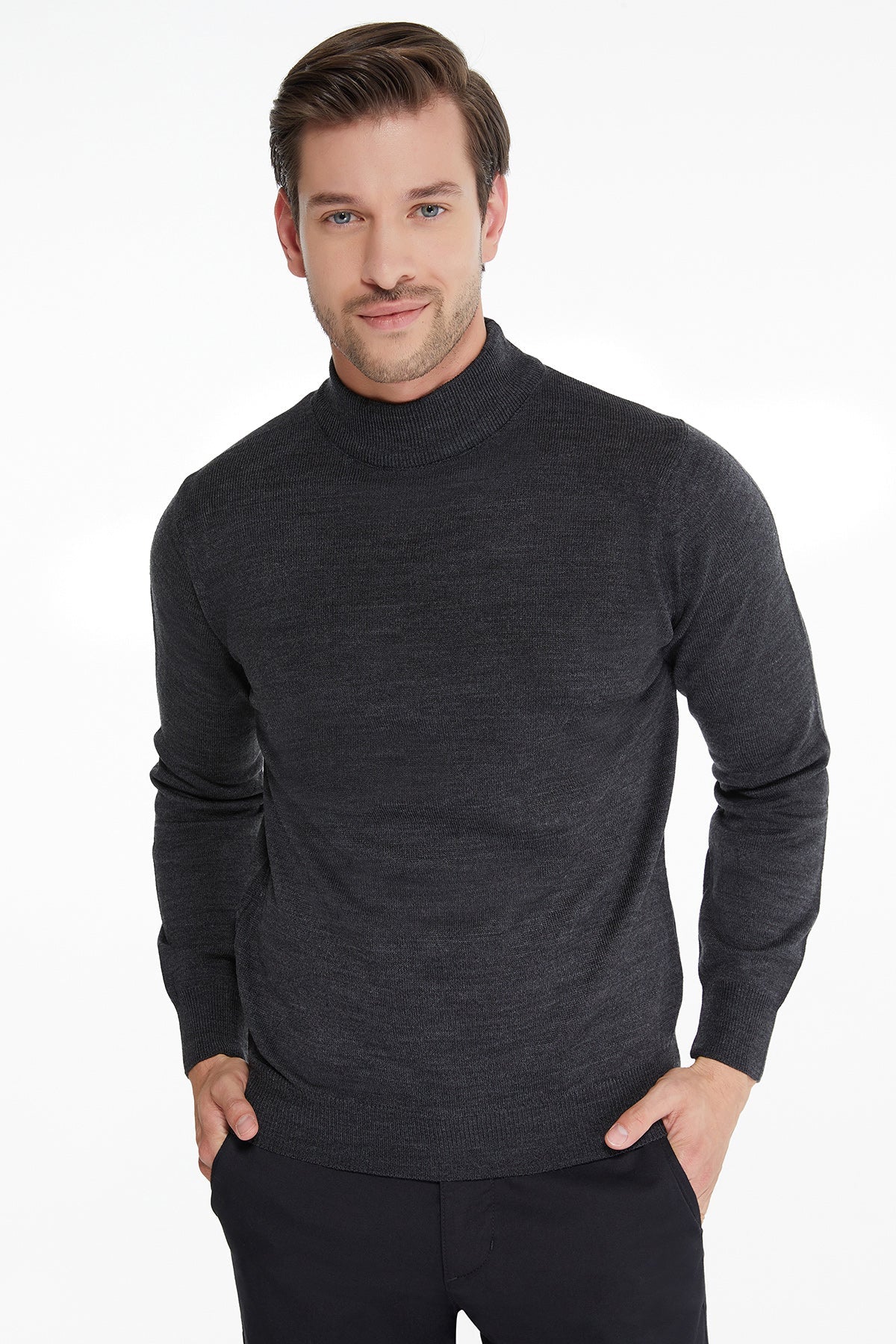 Regular Fit Charcoal Mock Neck Sweater - SAYKI