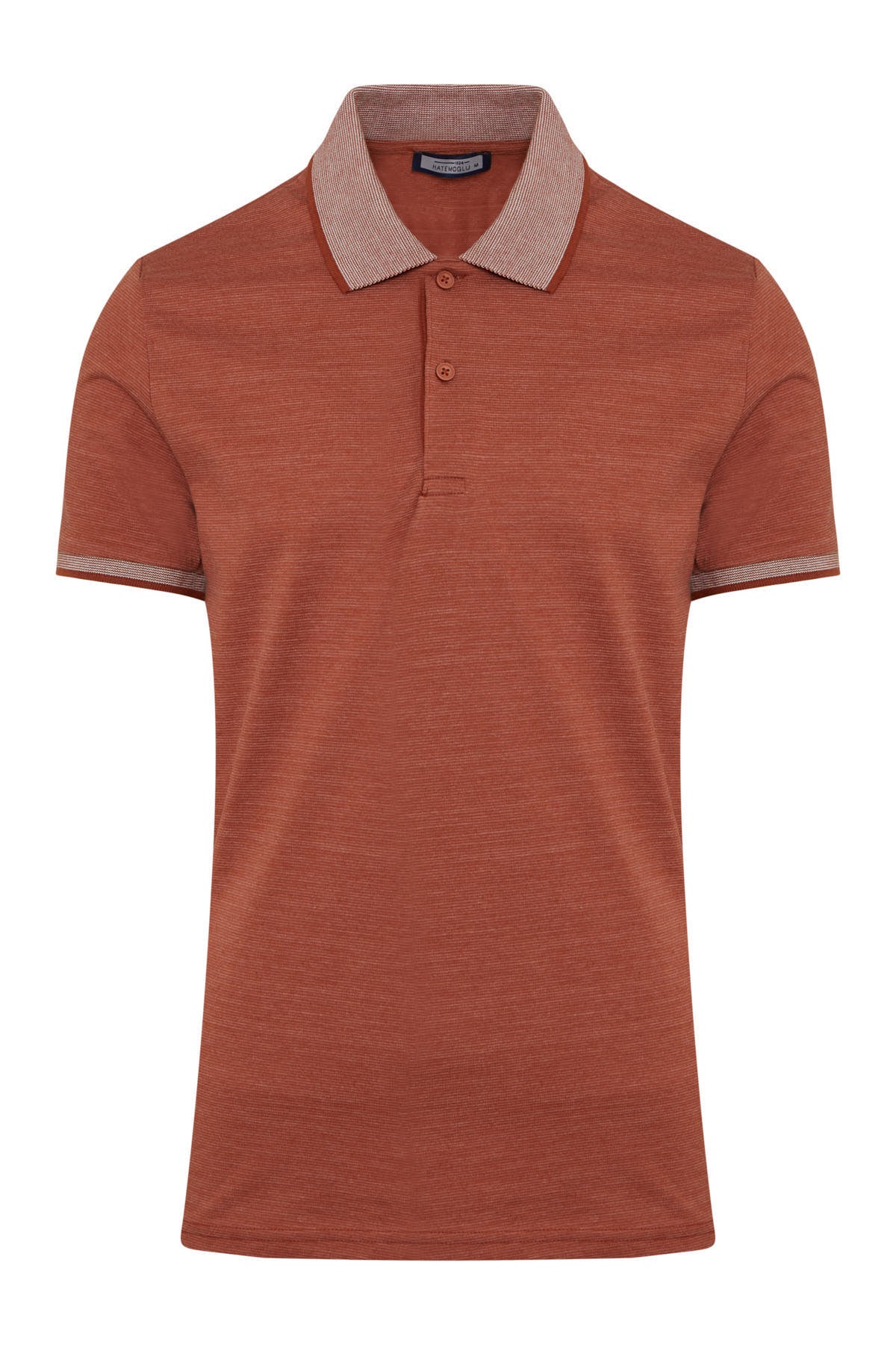 A rust-colored polo shirt with a subtle textured weave, featuring a contrasting beige collar and sleeve cuffs accented by fine horizontal stripes.