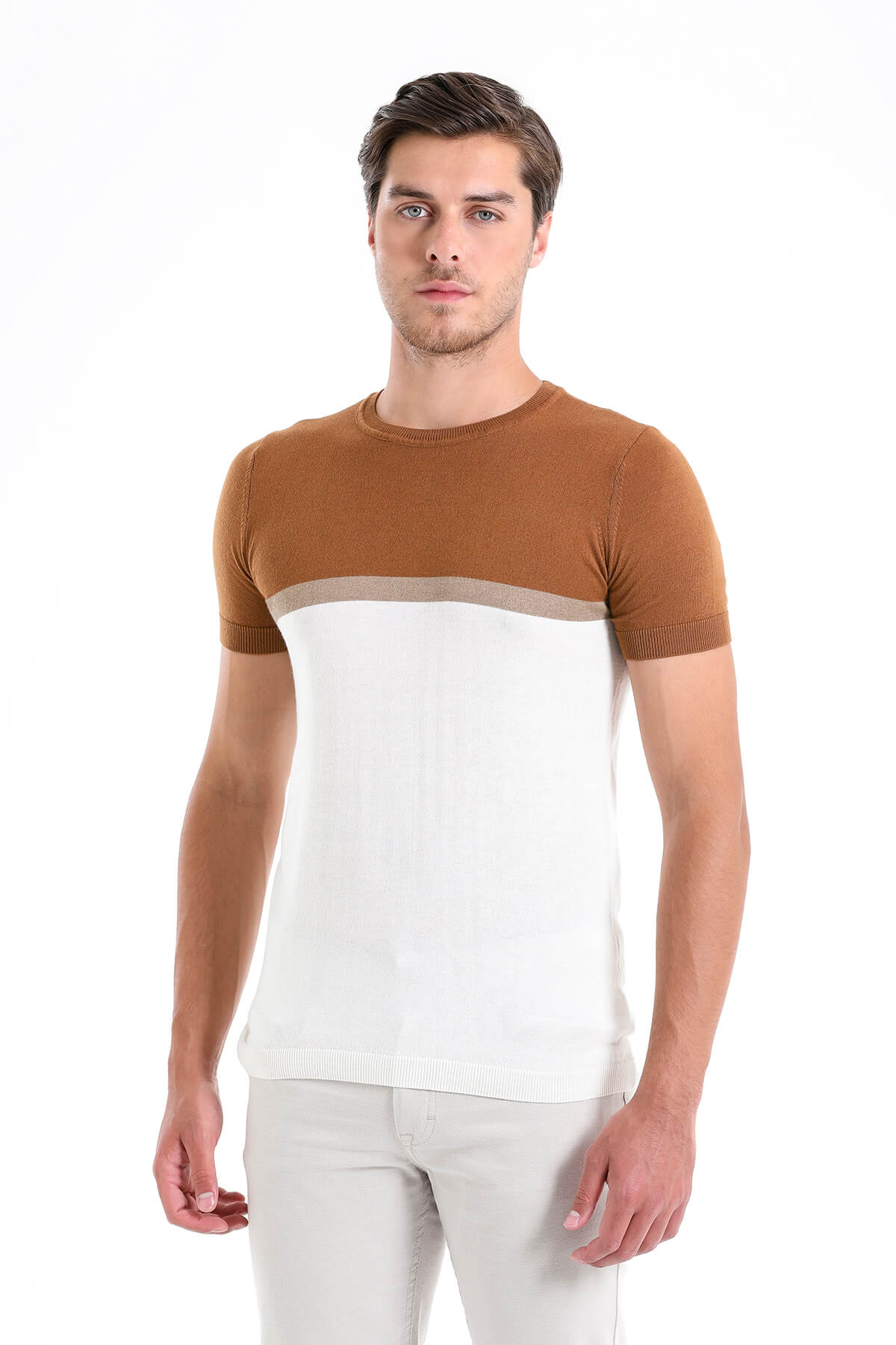 A men’s short-sleeved knit t-shirt with a two-tone design, featuring brown shoulders and sleeves transitioning into white across the torso.