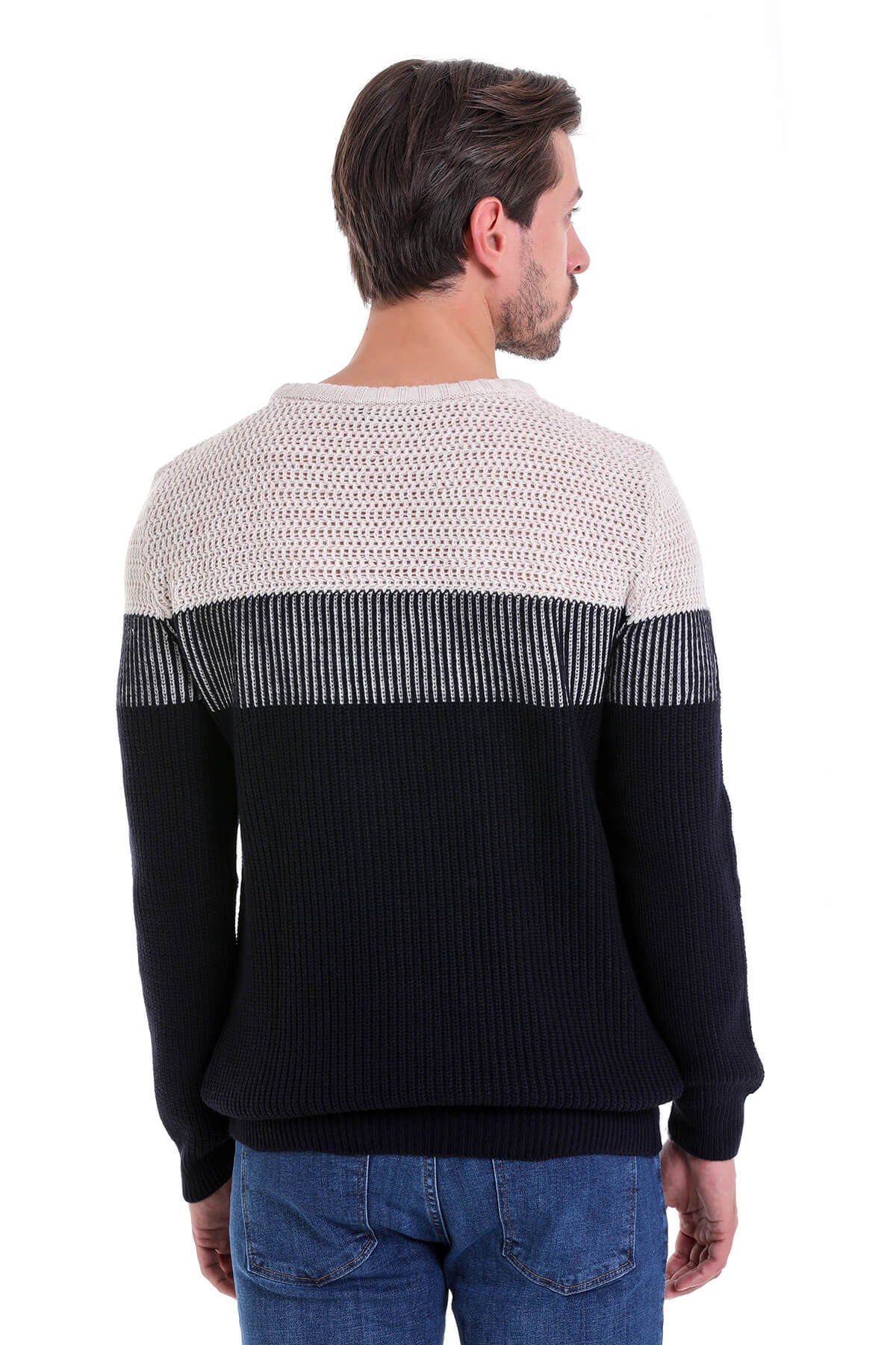 Regular Fit Colorblock Ribbed Navy Crewneck Sweater - SAYKI