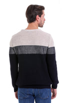 Regular Fit Colorblock Ribbed Navy Crewneck Sweater - SAYKI