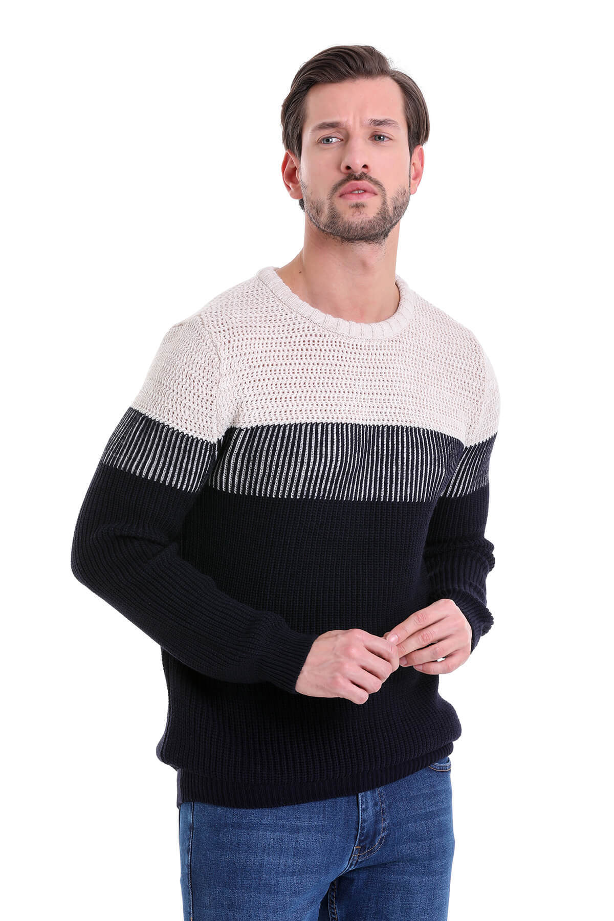 Regular Fit Colorblock Ribbed Navy Crewneck Sweater - SAYKI