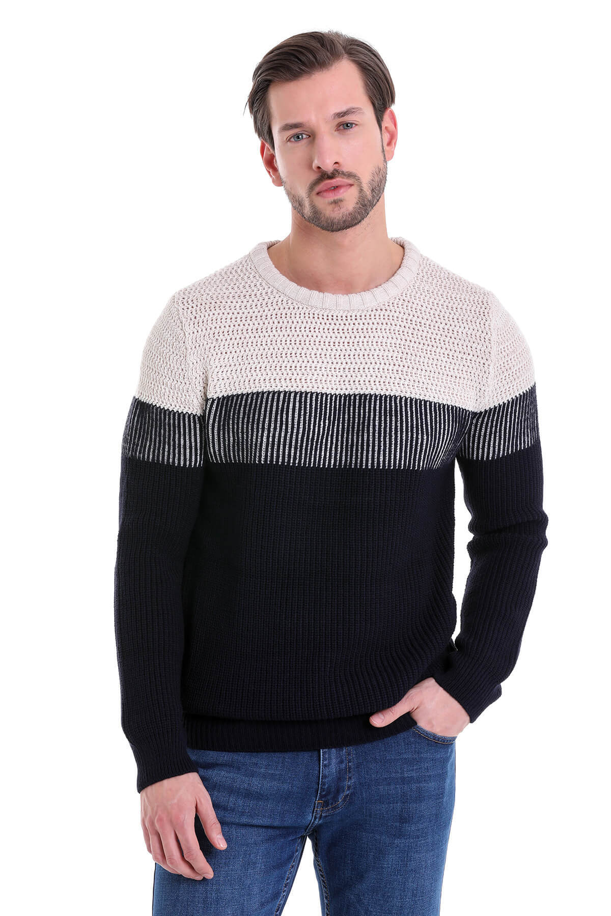 Regular Fit Colorblock Ribbed Navy Crewneck Sweater - SAYKI