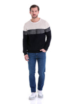 Regular Fit Colorblock Ribbed Navy Crewneck Sweater - SAYKI