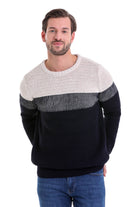 Regular Fit Colorblock Ribbed Navy Crewneck Sweater - SAYKI