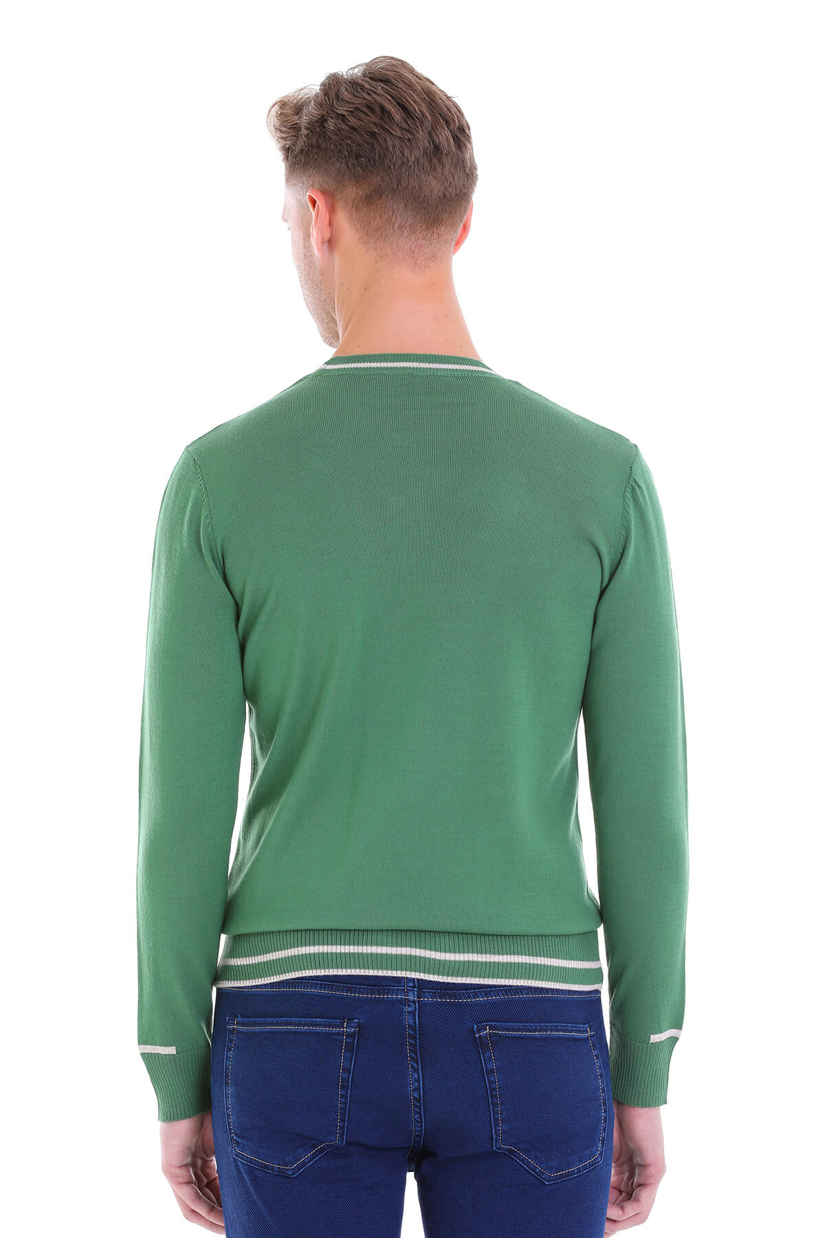 Regular Fit Contrast Ribbed Trim Green Crewneck Sweater