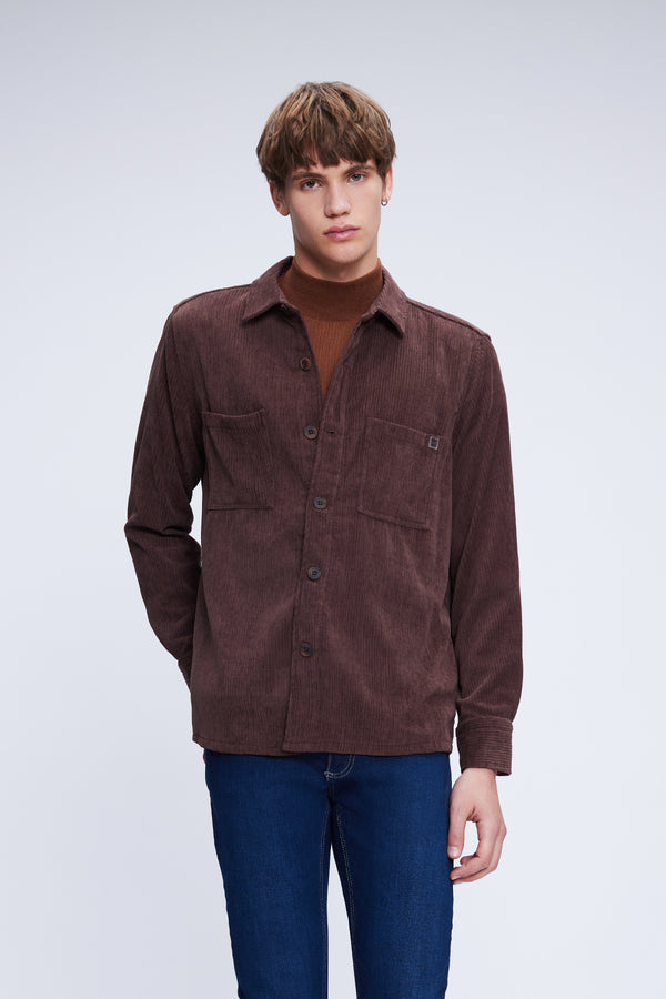 Regular Fit Corduroy Shacket Brown Casual Shirt - SAYKI