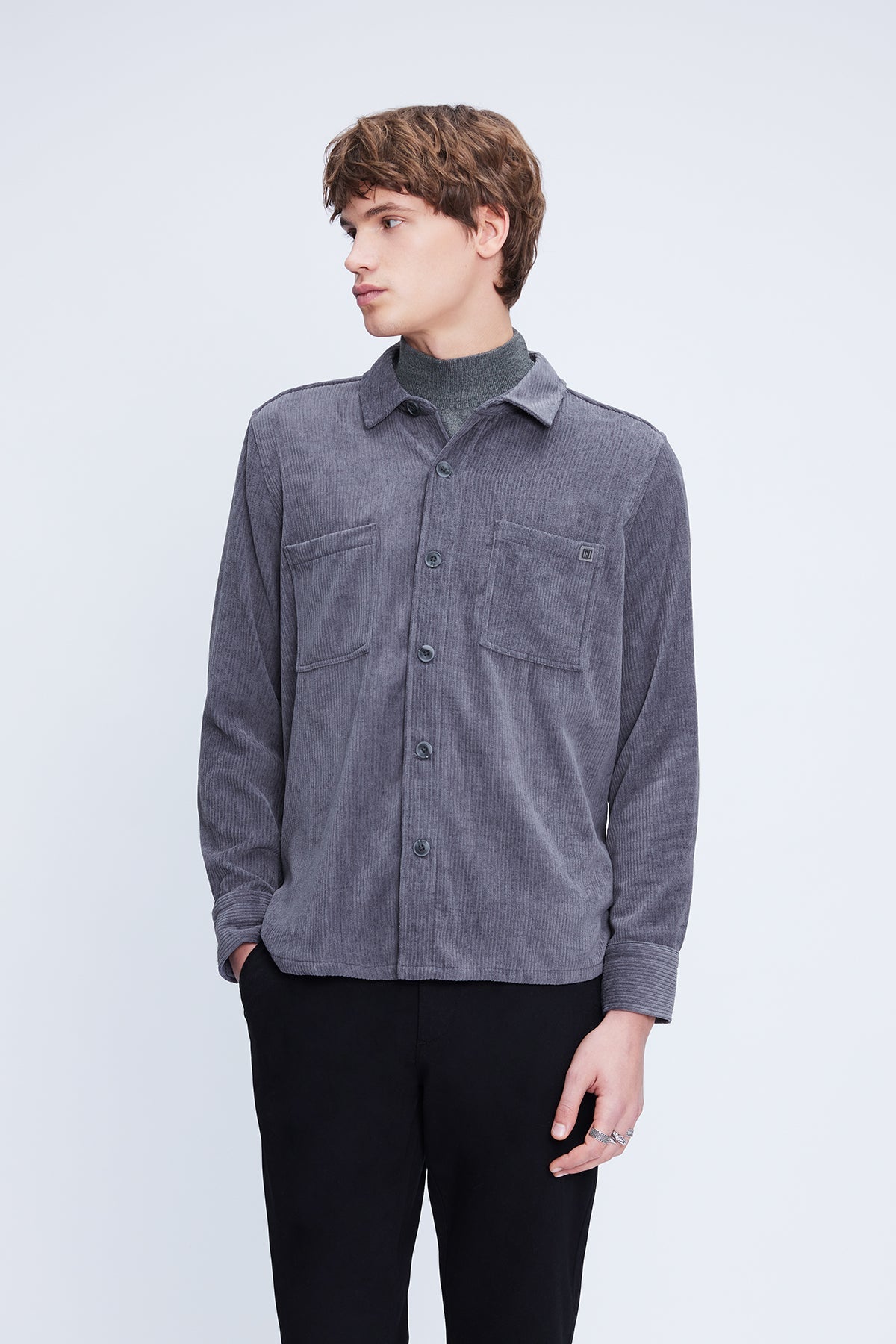 Regular Fit Corduroy Shacket Gray Casual Shirt - SAYKI