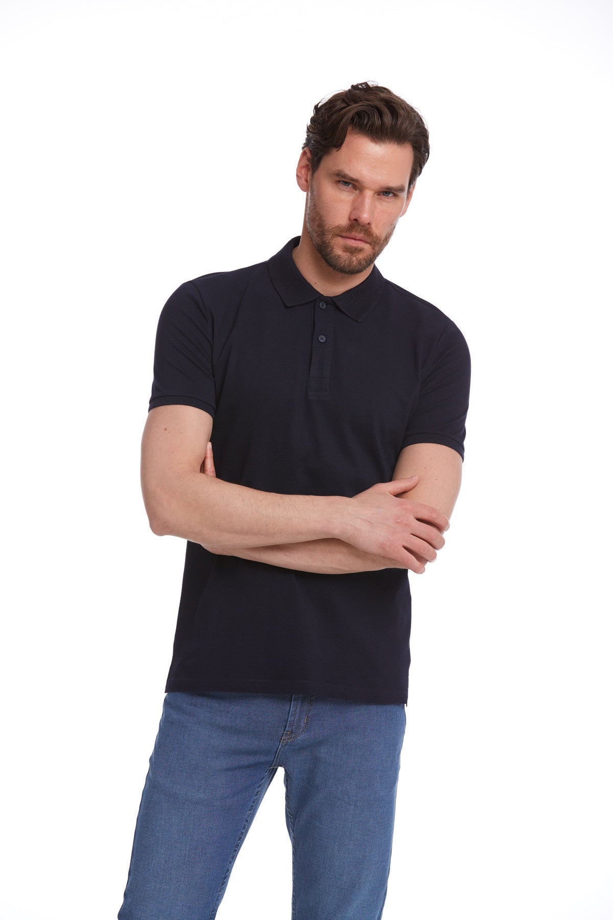 Regular Fit Cotton Basic Navy Polo T-Shirt - SAYKI
