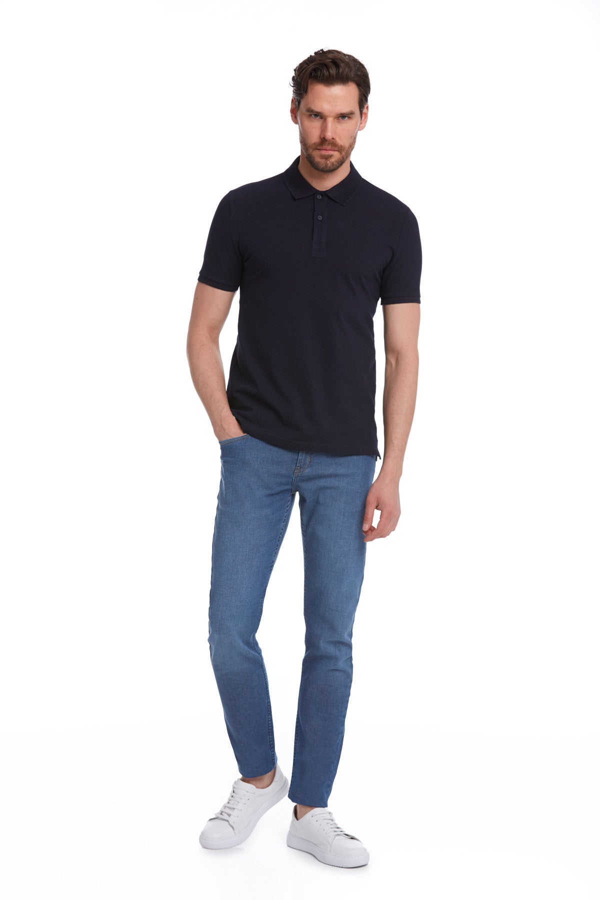 Regular Fit Cotton Basic Navy Polo T-Shirt - SAYKI
