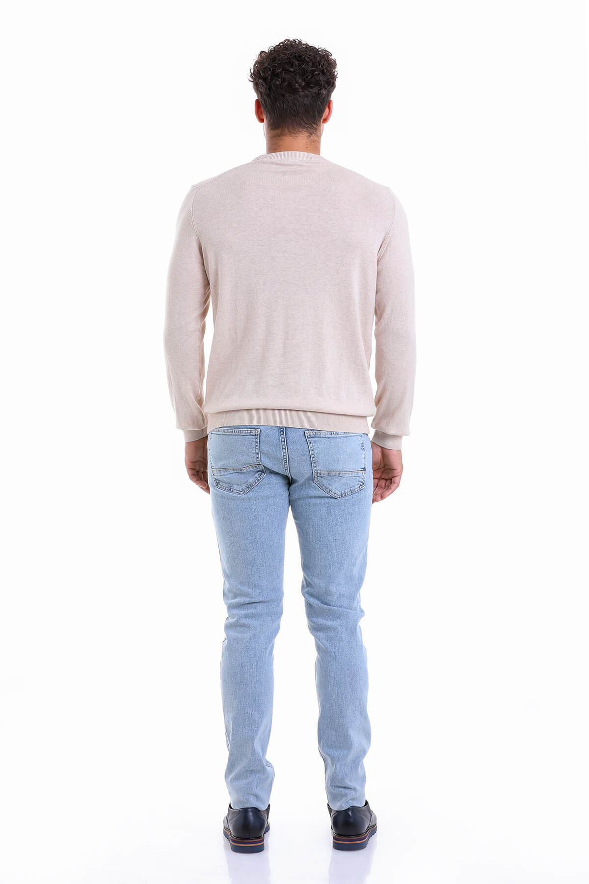 Regular Fit Cotton Beige Crewneck Sweater - SAYKI