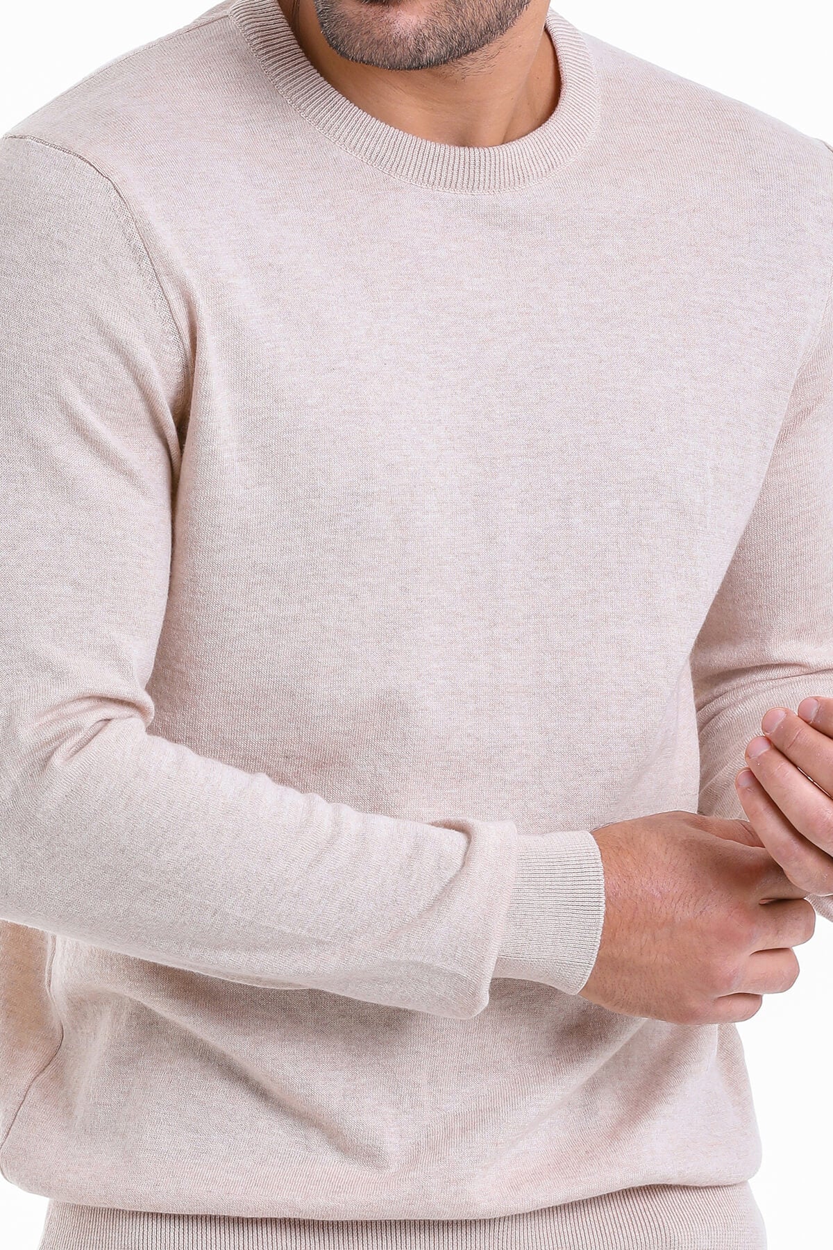 Regular Fit Cotton Beige Crewneck Sweater - SAYKI