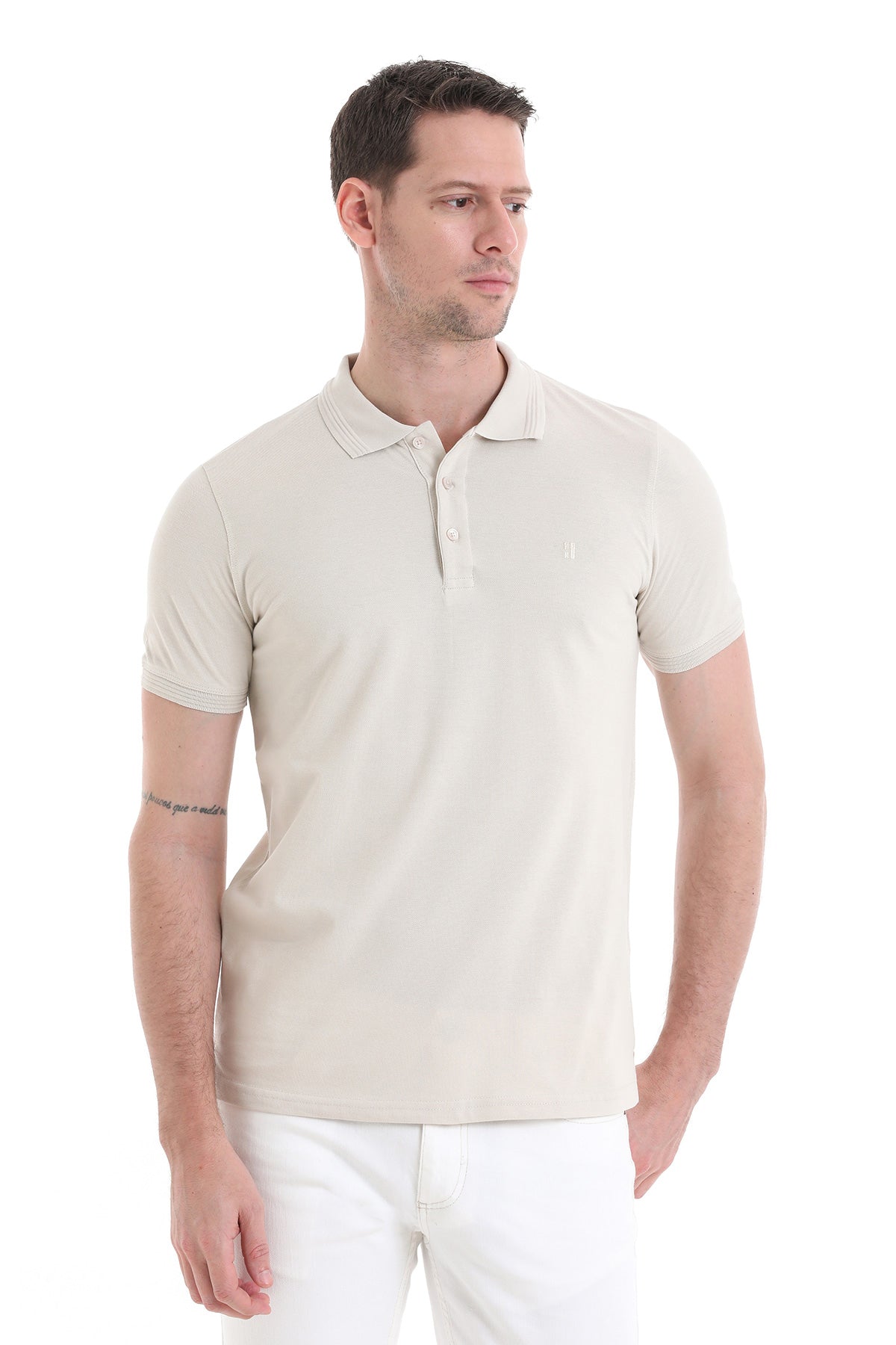 Beige short-sleeved polo shirt with a classic collar and subtle embroidered logo on the chest.