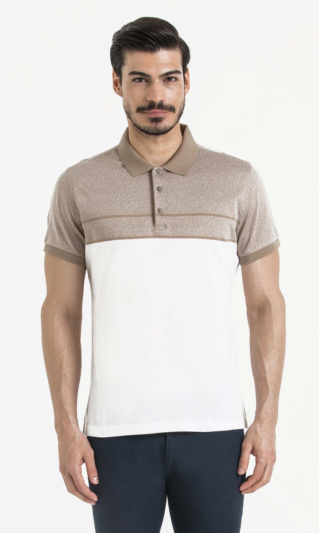 Regular Fit Cotton Beige - White Polo T-Shirt - SAYKI