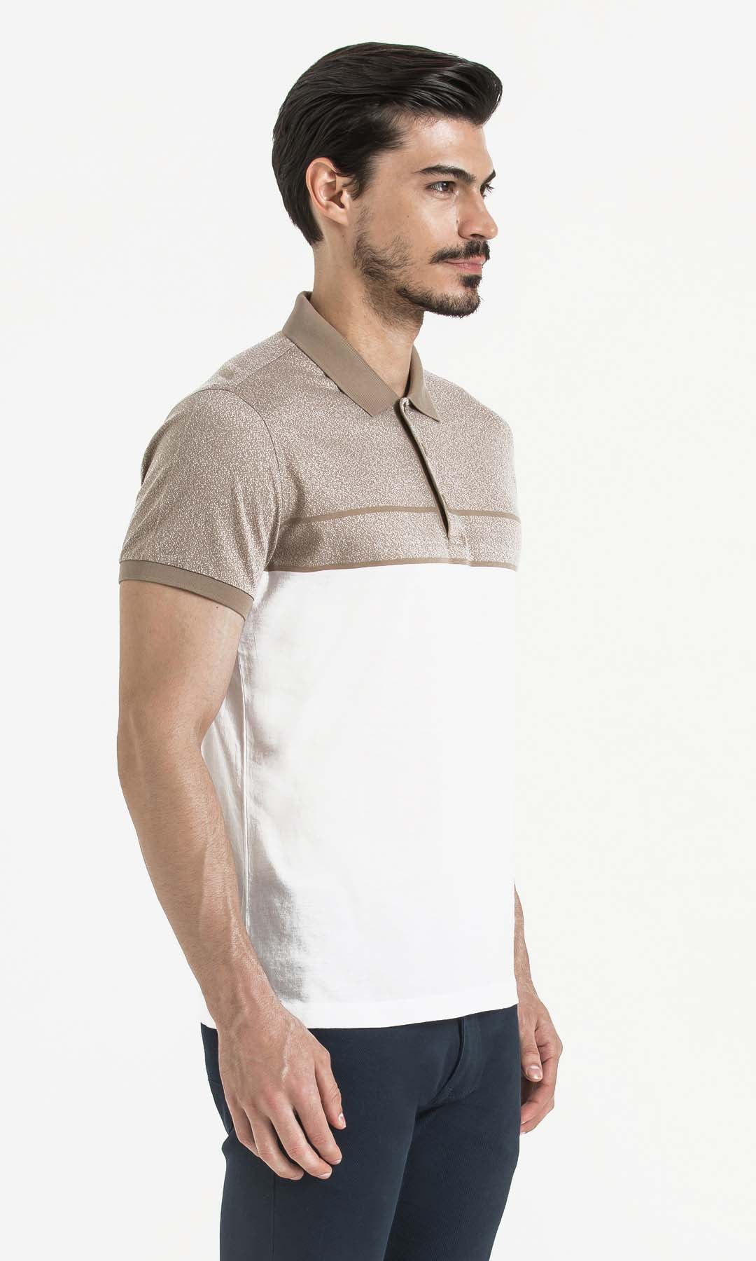 Regular Fit Cotton Beige - White Polo T-Shirt - SAYKI