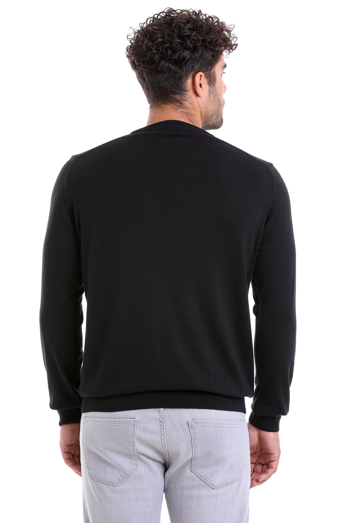 Regular Fit Cotton Black Crewneck Sweater - SAYKI