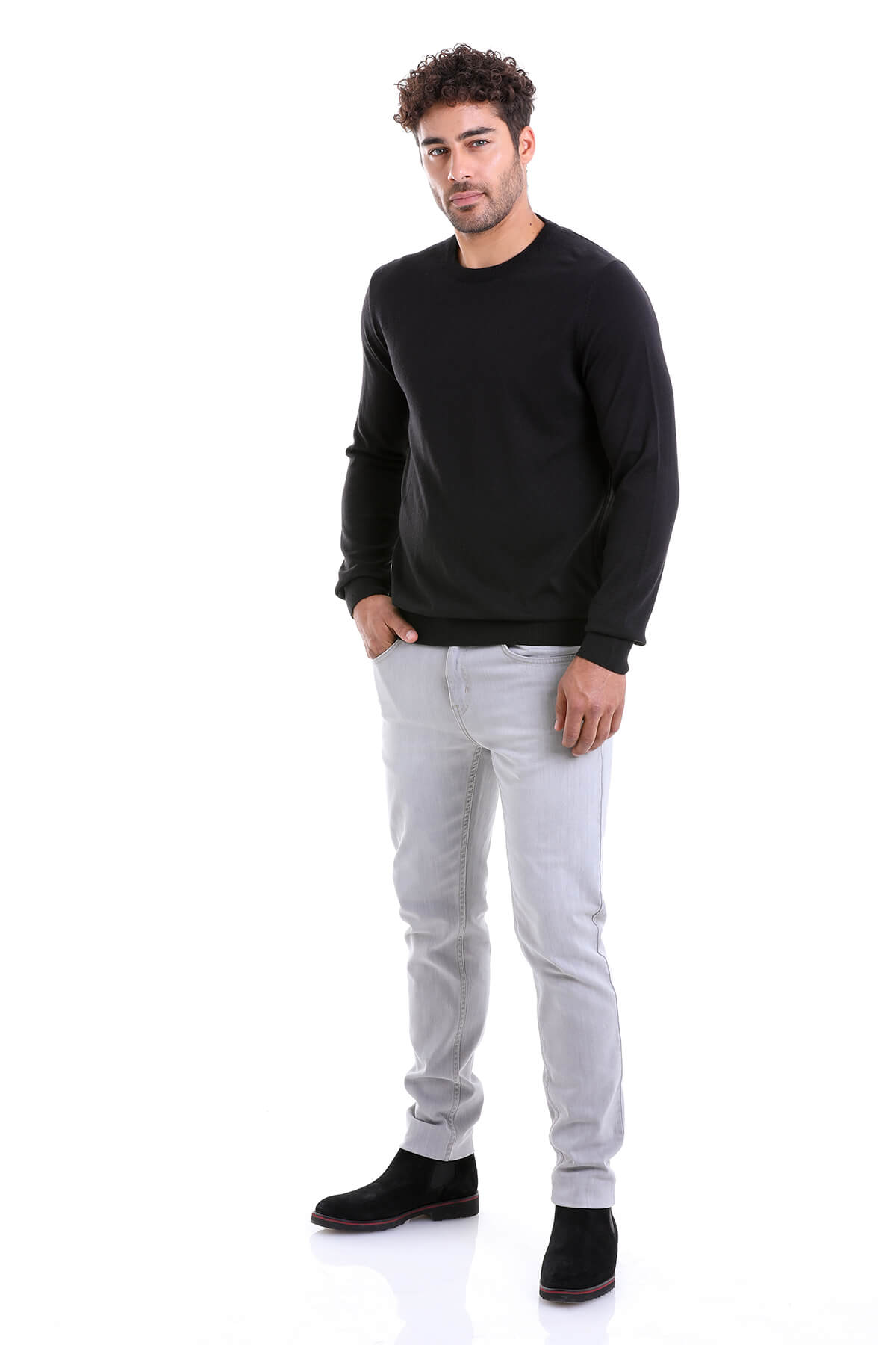 Regular Fit Cotton Black Crewneck Sweater - SAYKI