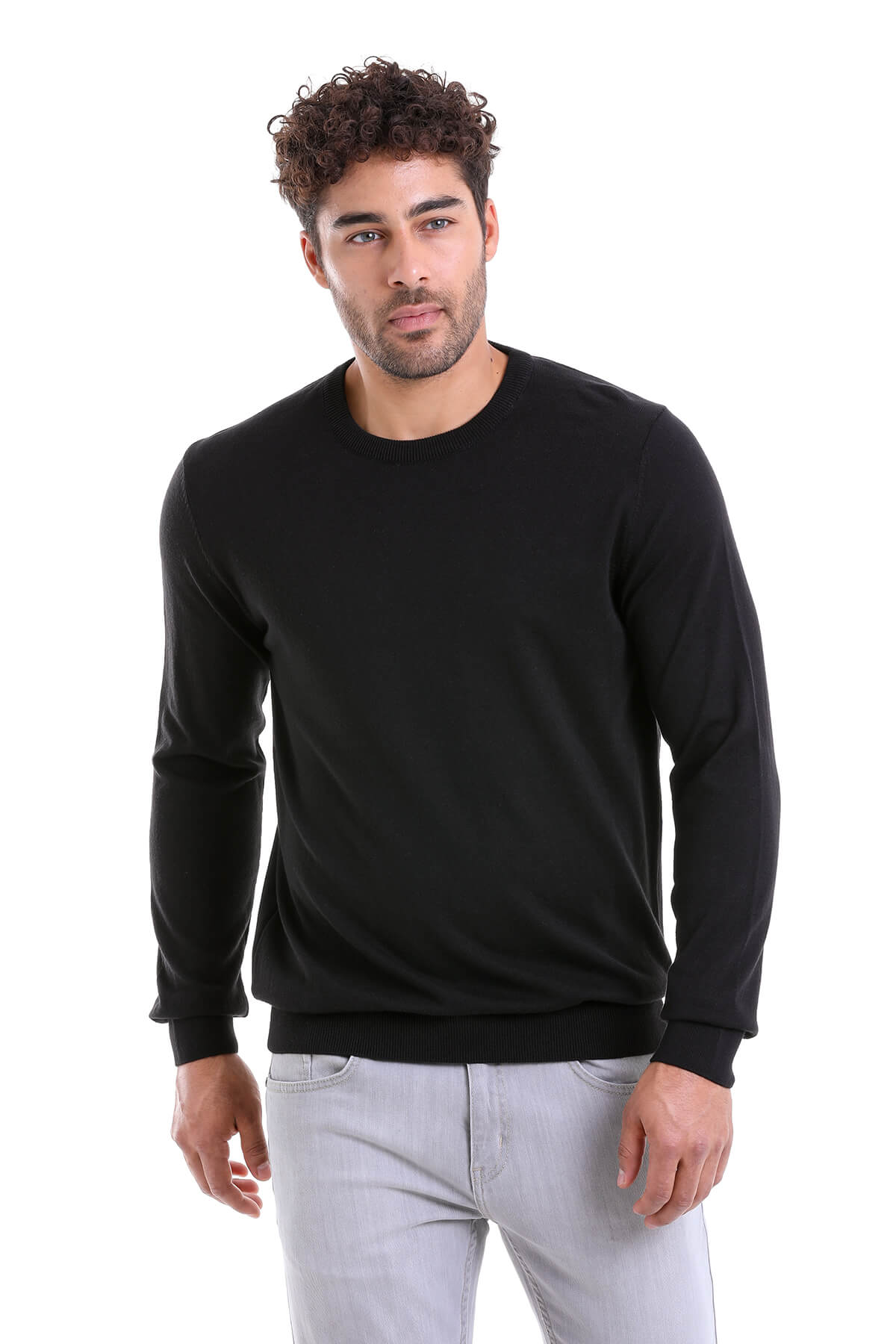 Regular Fit Cotton Black Crewneck Sweater - SAYKI