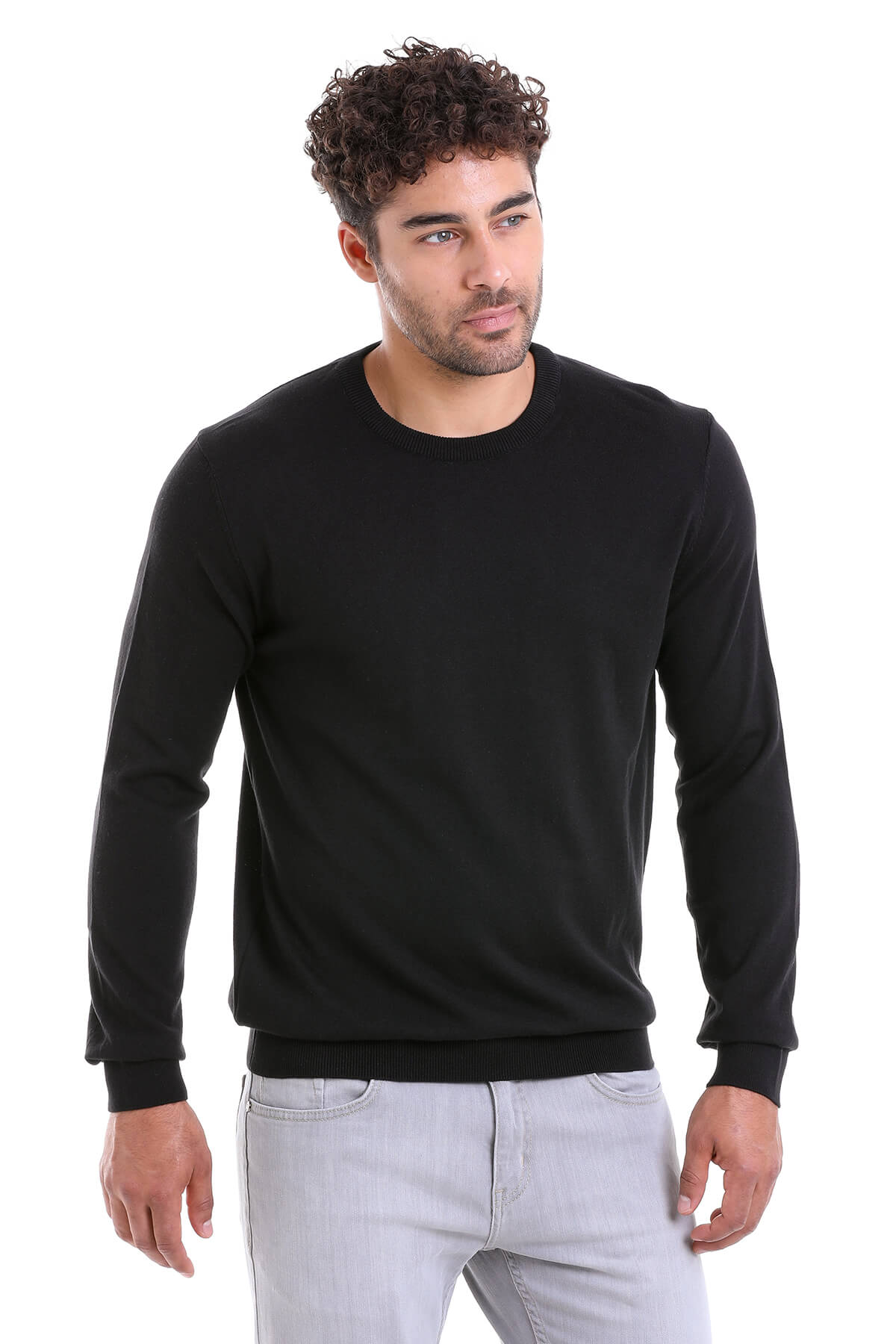 Regular Fit Cotton Black Crewneck Sweater - SAYKI