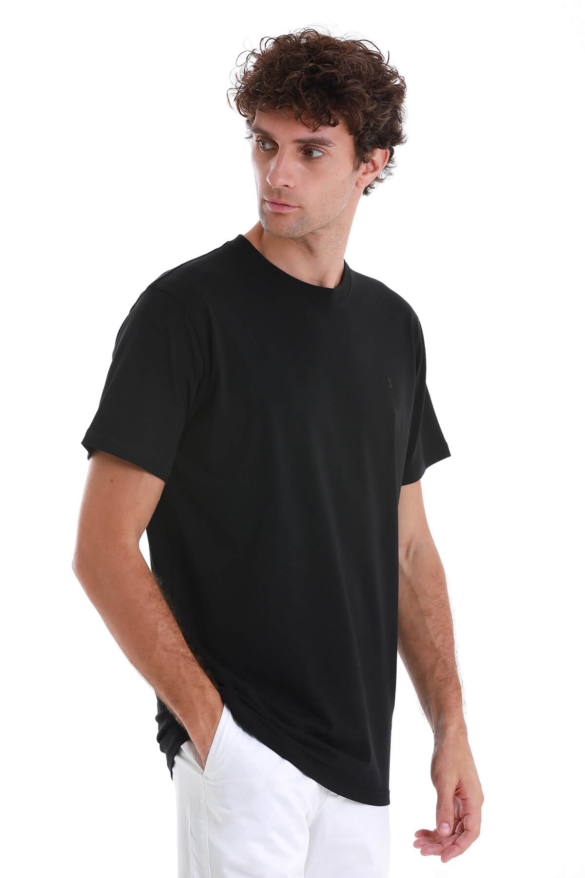 Regular Fit Cotton Black Crewneck T-Shirt - SAYKI