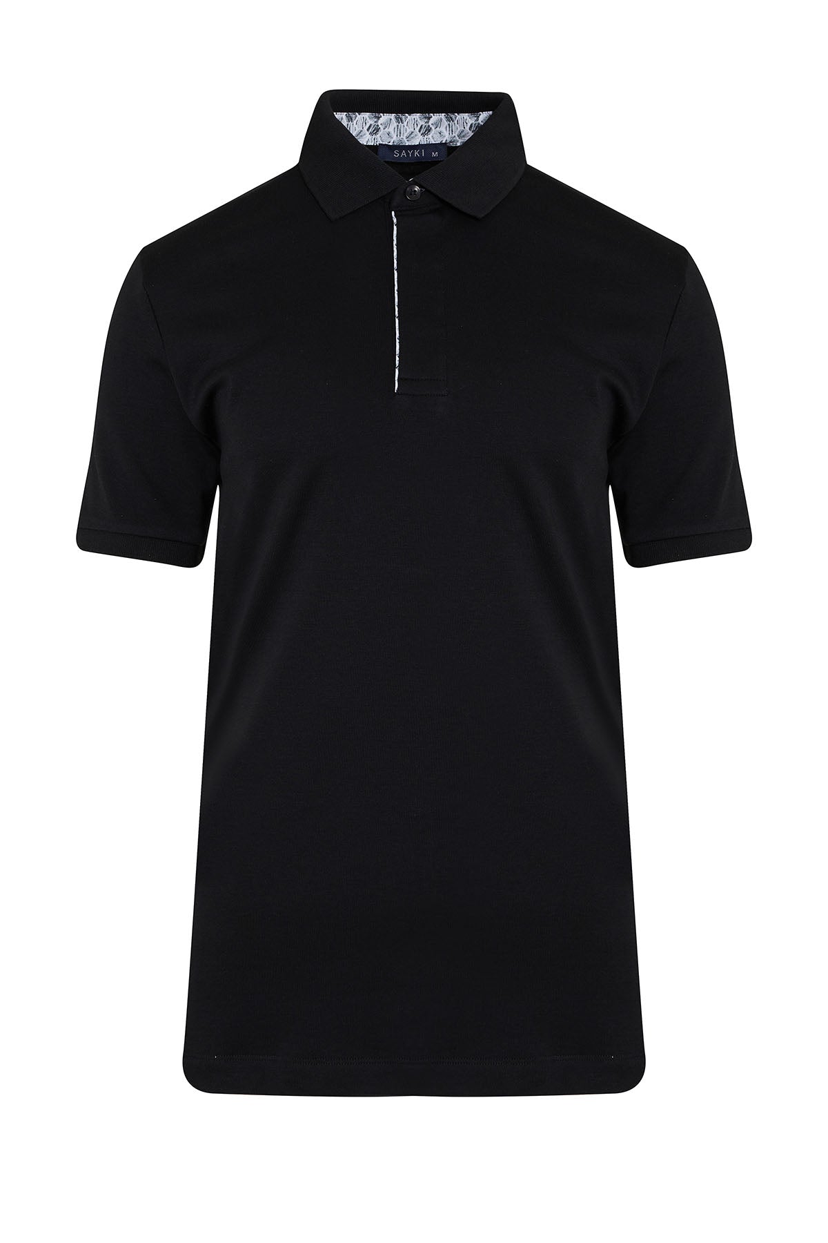 Black short-sleeved polo shirt with a subtle white zipper detail along the placket and a patterned inner collar.