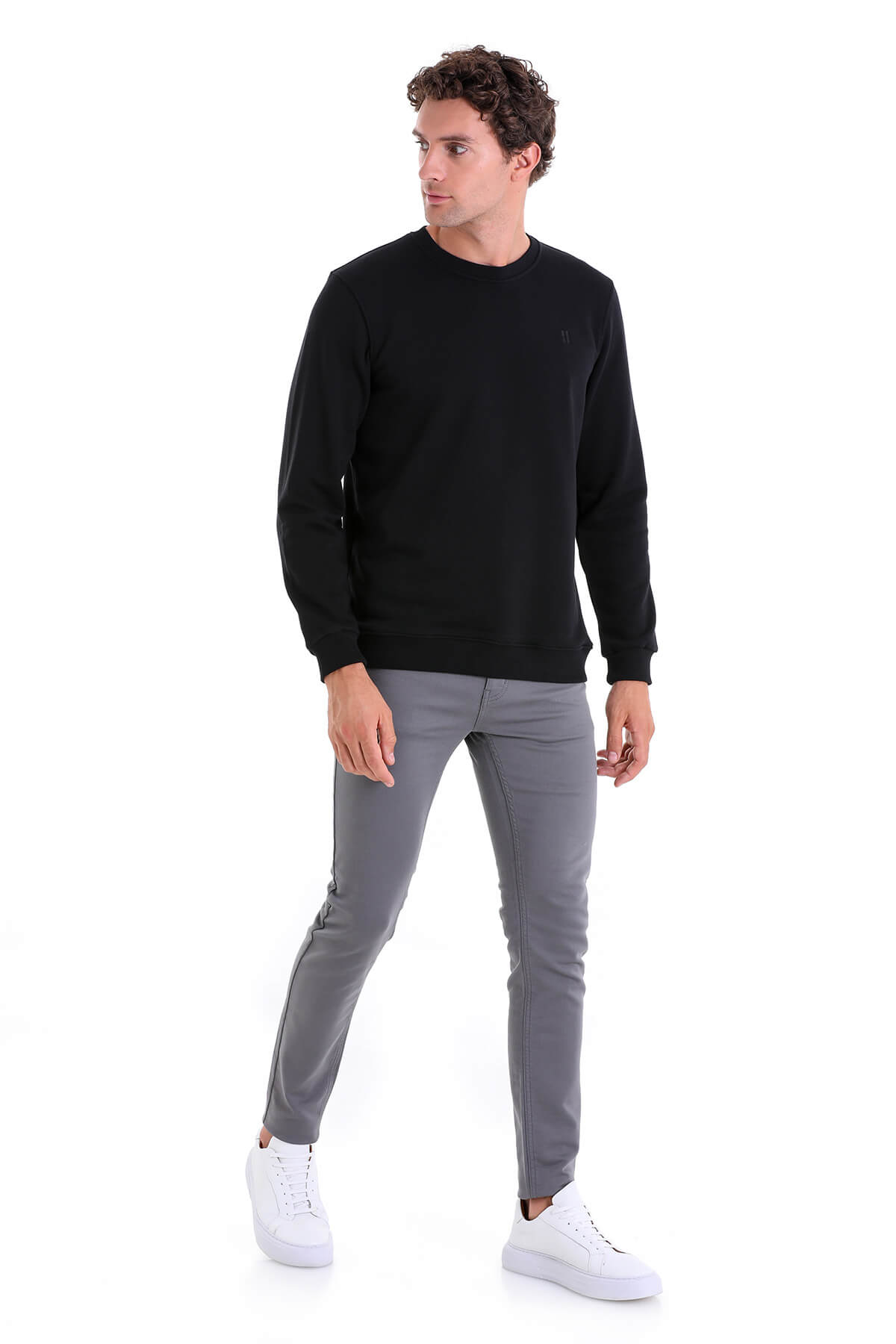 Regular Fit Cotton Blend Black Crewneck Sweatshirt - SAYKI