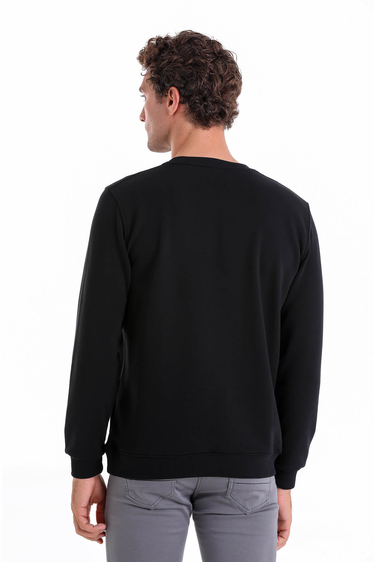 Regular Fit Cotton Blend Black Crewneck Sweatshirt - SAYKI